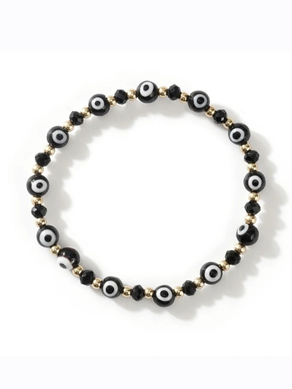 Crystal Rhinestone Black & White Evil Eye Beaded Stretch Bracelet W/ Gold Accent